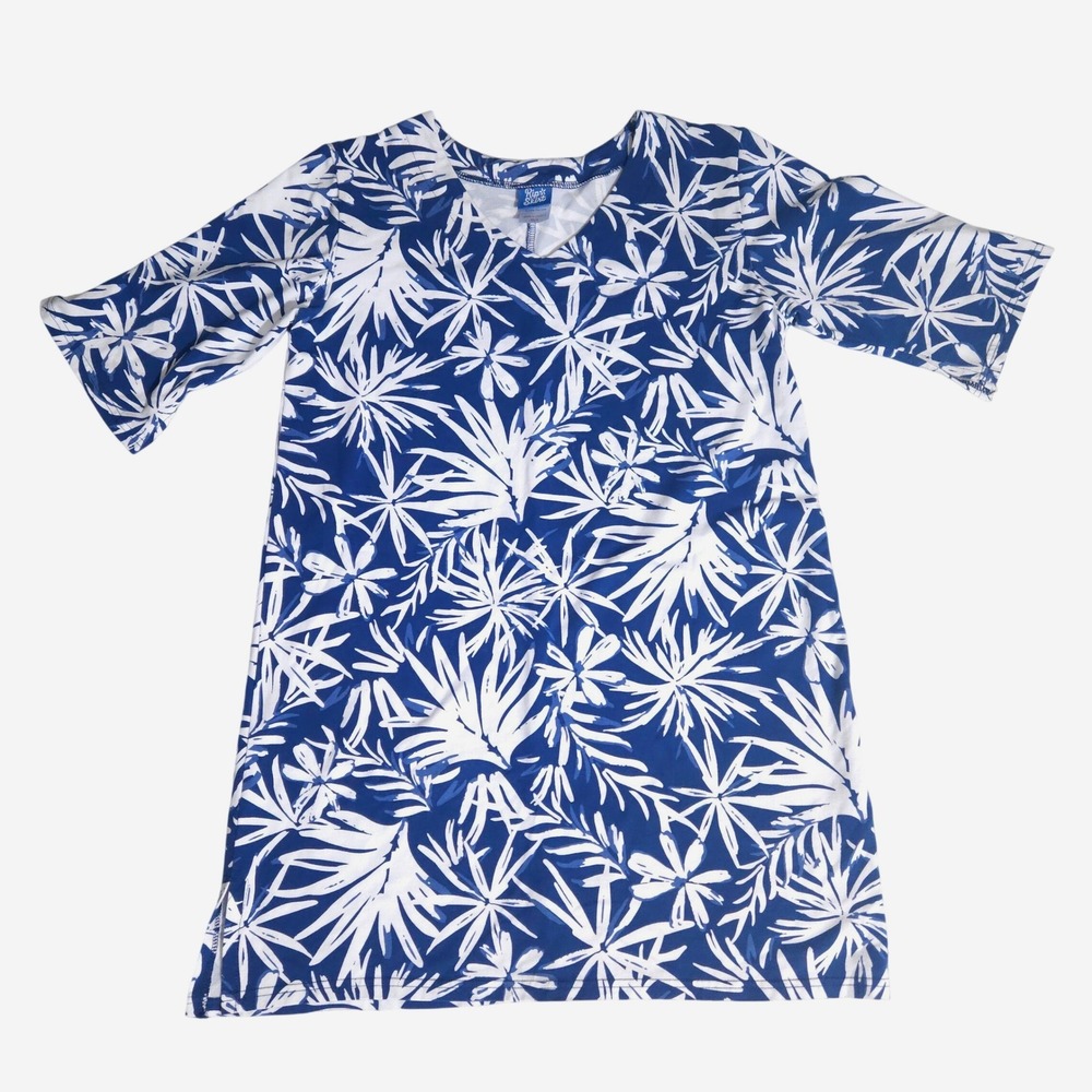 RipSkirt Hawaii Blue White Tropical Palm V-Neck T-Shirt Dress XS/S Bamboo Blend